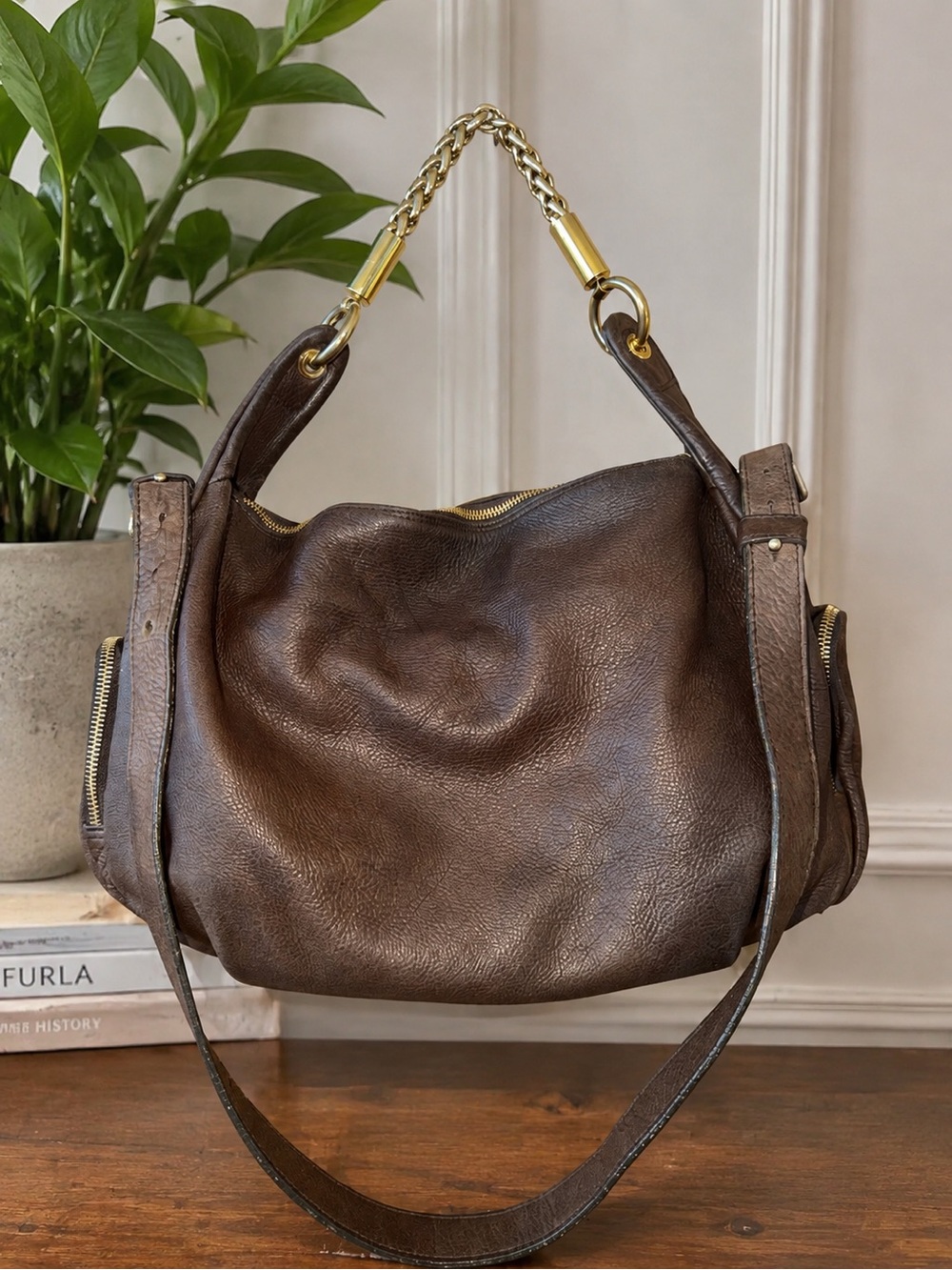 Furla Brown Calf Leather Slouchy Hobo Shoulder Bag Chain Detail Gold Hardware
